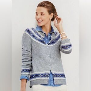 Talbots Medium Gray & Blue Fair Isle Crewneck Cardigan Sweater